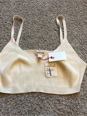 Open Edit Ribbed Cropped Bralette in Ivory